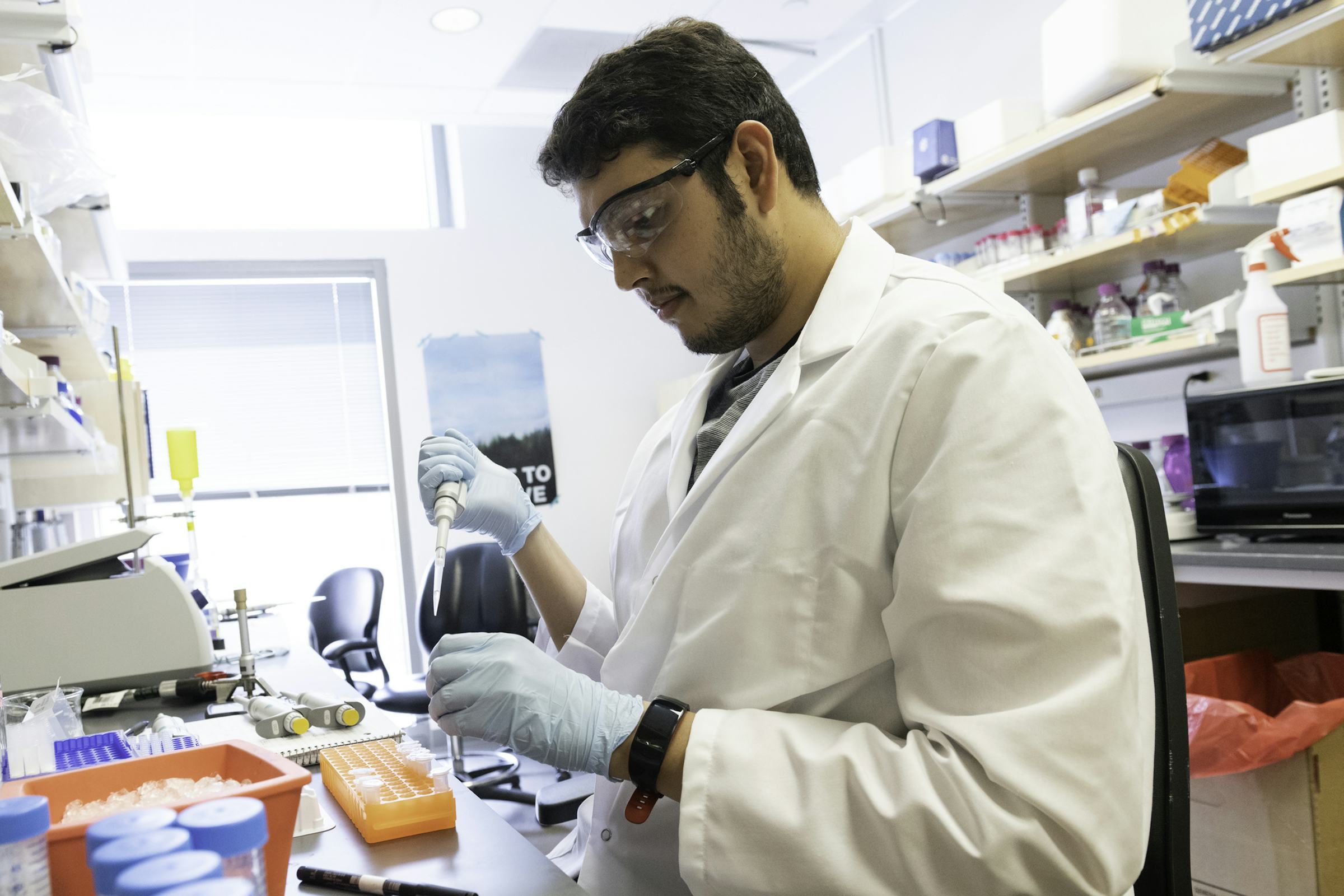 A researcher in lab coat, goggles and gloves pipettes in a web lab
