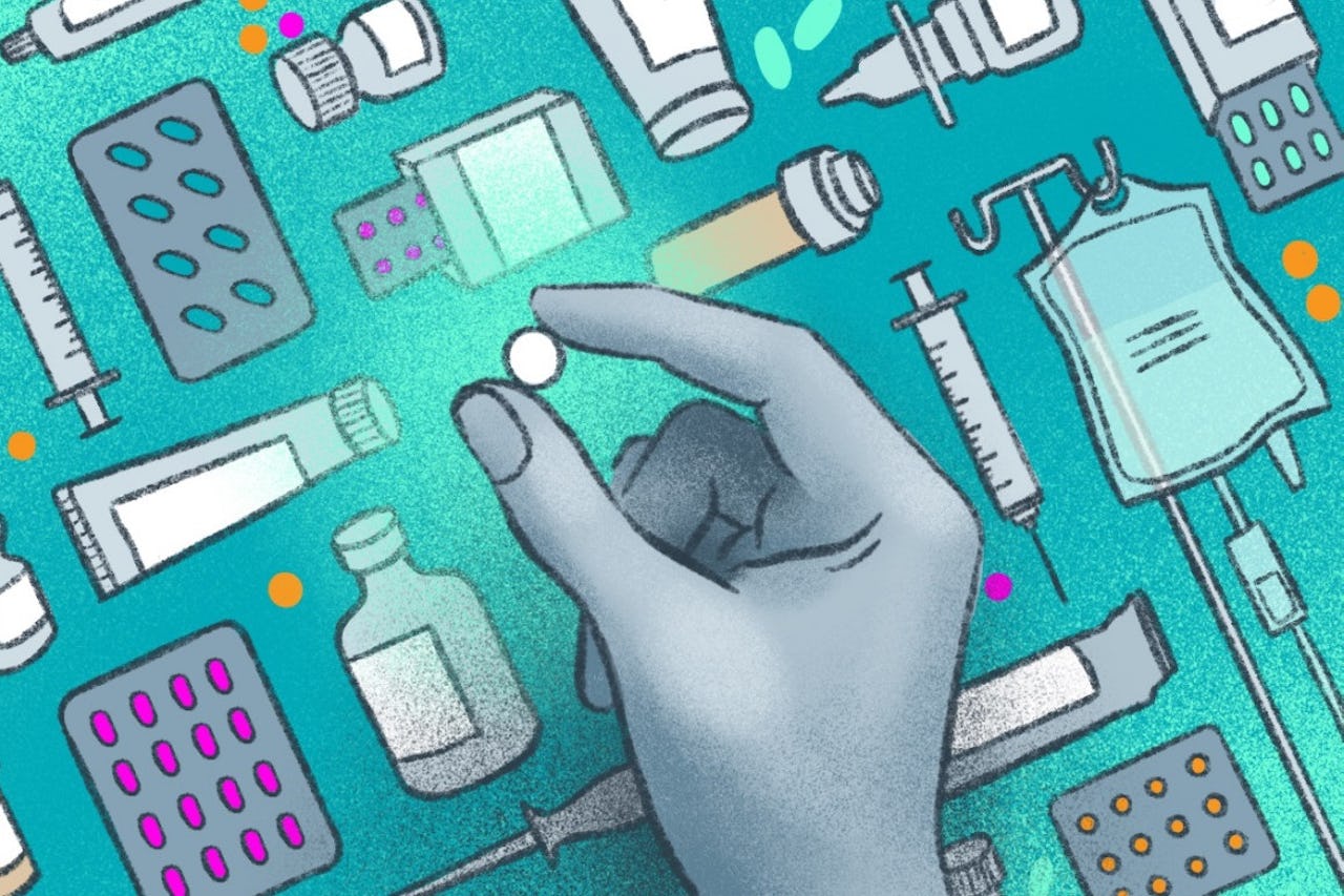 drawing of a hand holding a pill