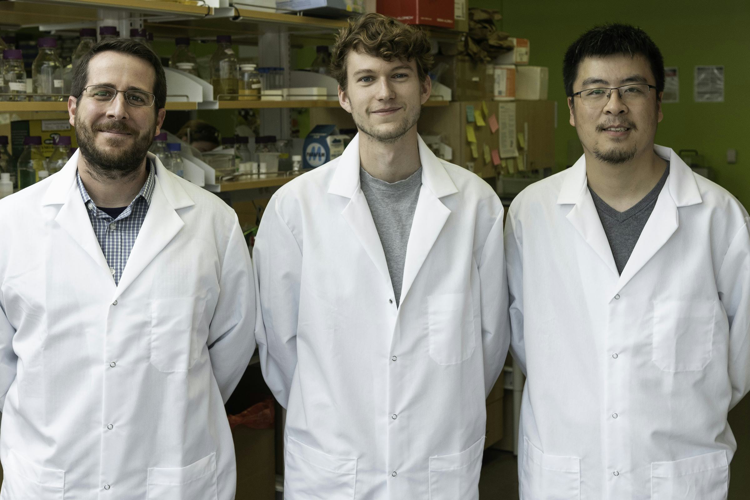 Three scientists in white lab coats
